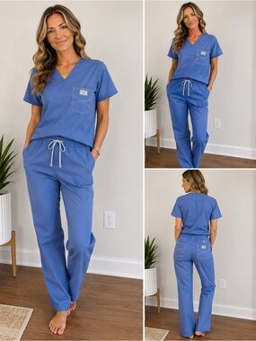 Blue Sky Straight Leg Scrub Pants & Top Set in Periwinkle Blue